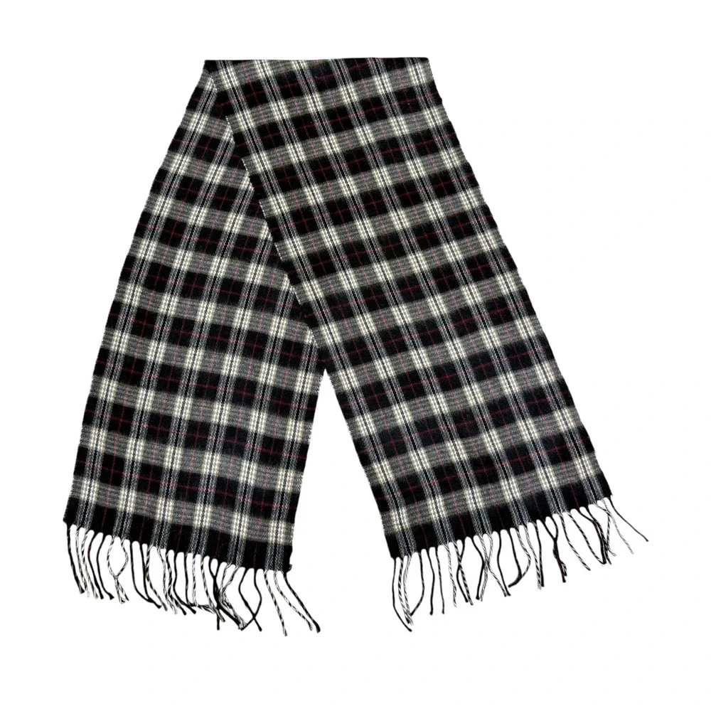 Geoffrey Beene Cashme Scarf Plaid Black Tan Red Made in Italy Acrylic Fringe‎